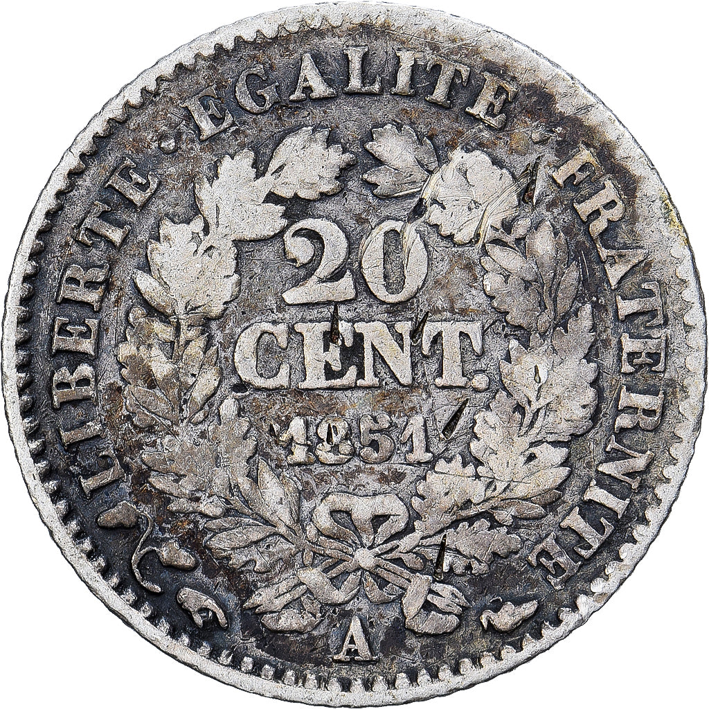 Frankrijk, 20 Centimes, Cérès, 1851, Paris, Zilver, FR, Gadoury:303, KM:758.1