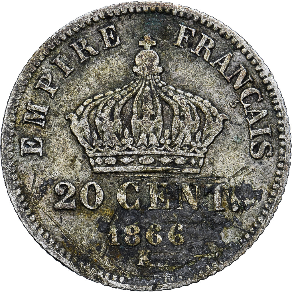 Francia, Napoleon III, 20 Centimes, 1866, Bordeaux, Plata, BC, Gadoury:308