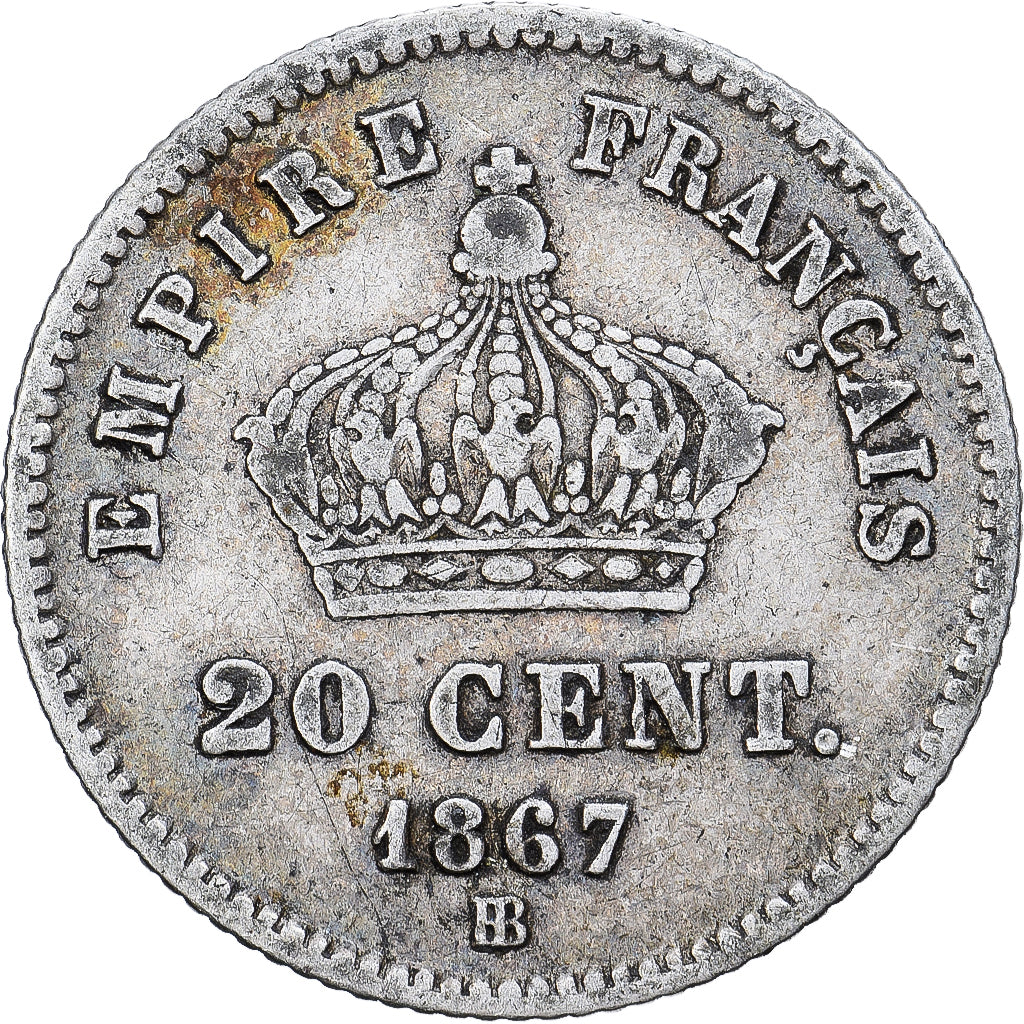 Frankrijk, Napoleon III, 20 Centimes, 1867, Strasbourg, Zilver, FR+
