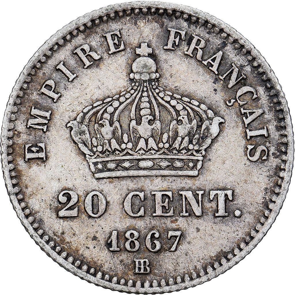 Frankrijk, Napoleon III, 20 Centimes, 1867, Strasbourg, Zilver, ZF, Gadoury:309