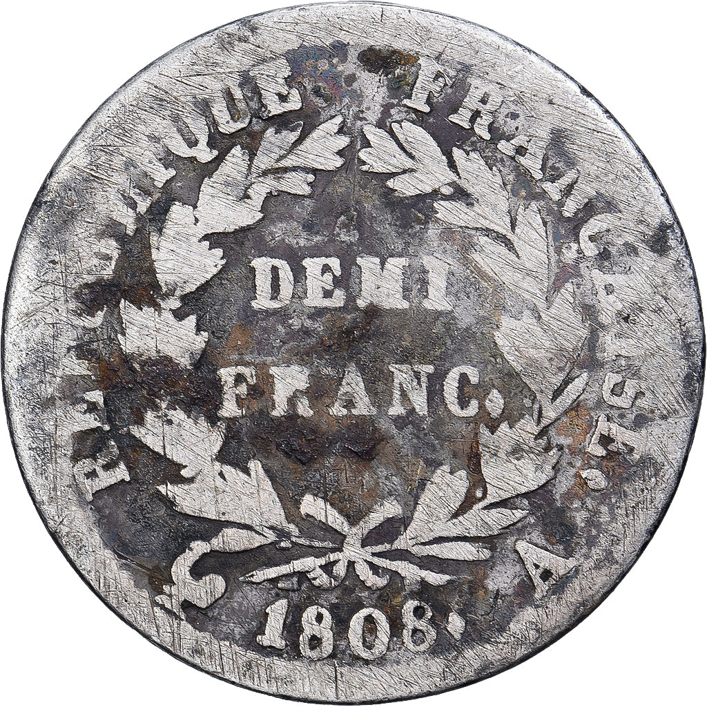 França, Napoleon I, Demi Franc, 1808, Paris, Prata, F(12-15), Gadoury:398