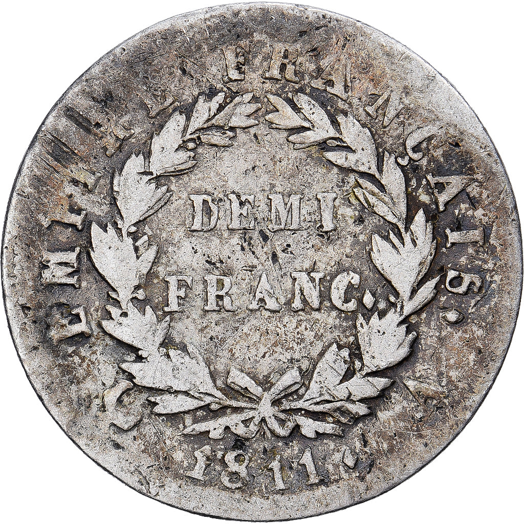 Francia, 1/2 Franc, Napoléon I, 1811, Paris, Plata, BC, Gadoury:399, KM:691.1
