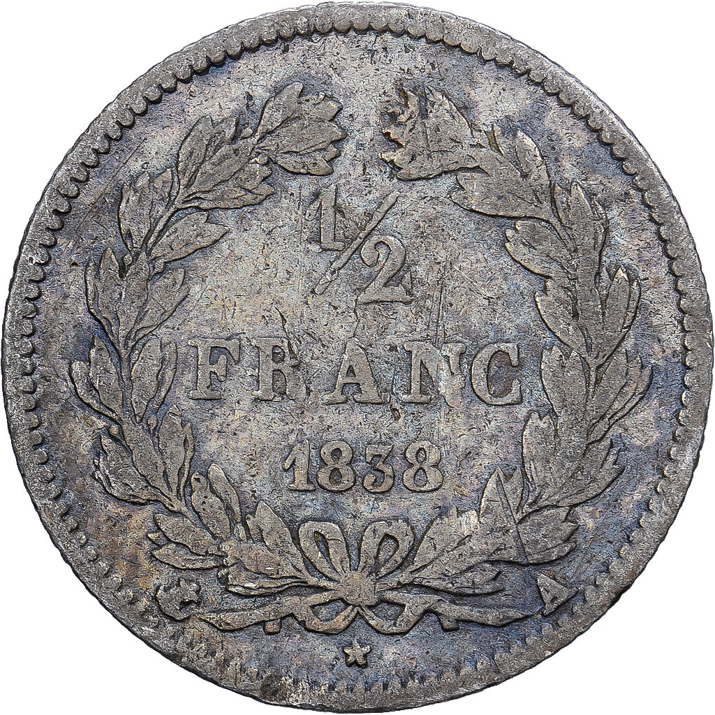 Francia, 1/2 Franc, Louis-Philippe, 1838, Paris, Plata, BC+, Gadoury:408, Le