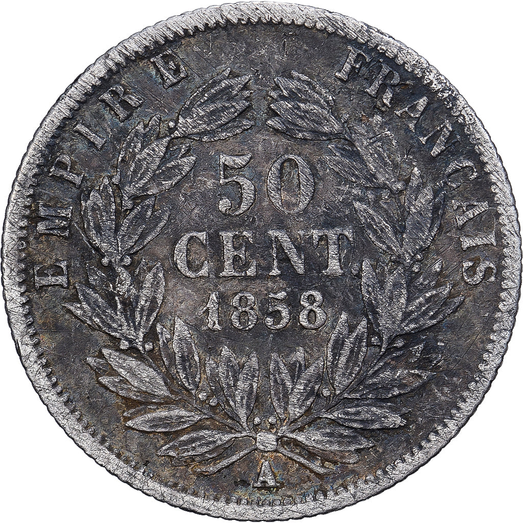 Francia, 50 Centimes, 1858, Paris, Plata, BC, Gadoury:414