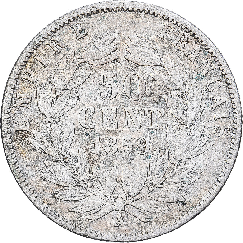 Francia, Napoleon III, 50 Centimes, Napoléon III, 1859, Paris, Plata, BC+