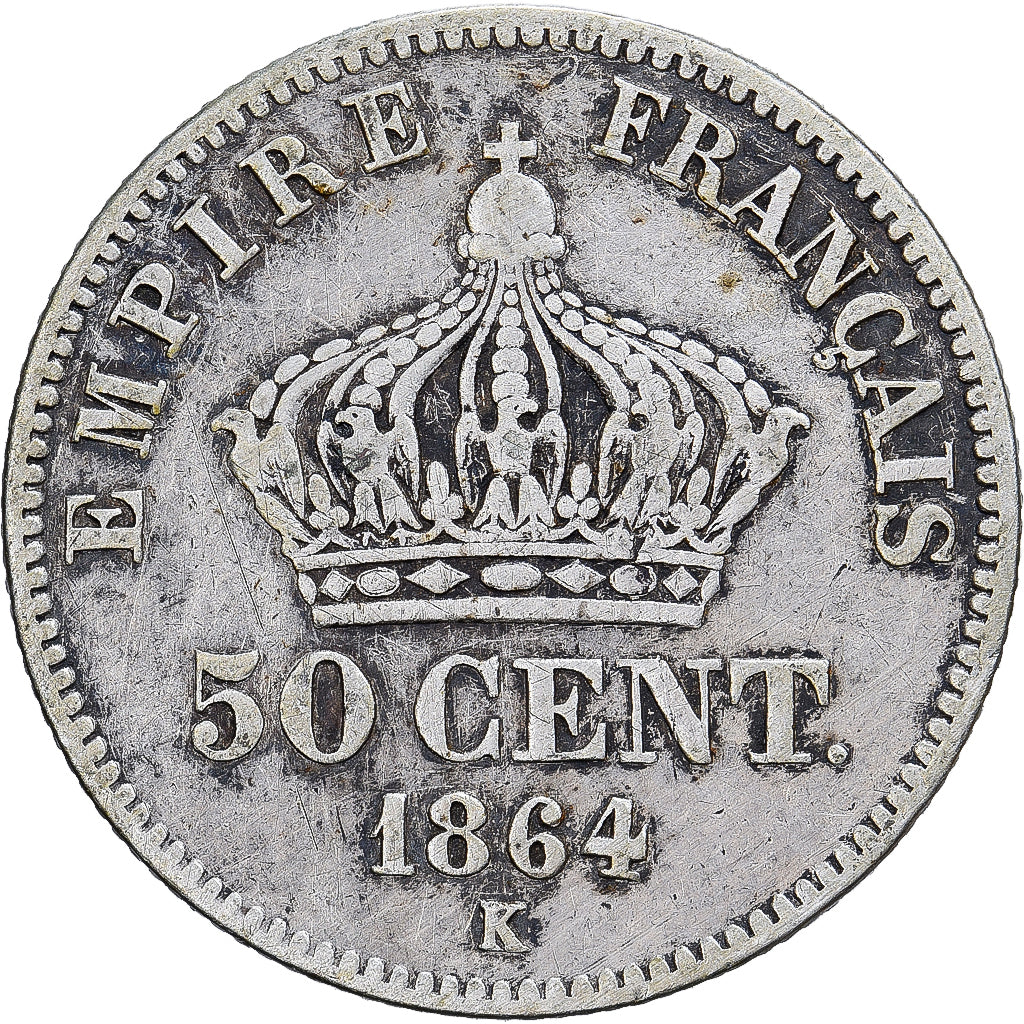 Francia, Napoleon III, 50 Centimes, 1864, Bordeaux, Plata, BC+, Gadoury:417