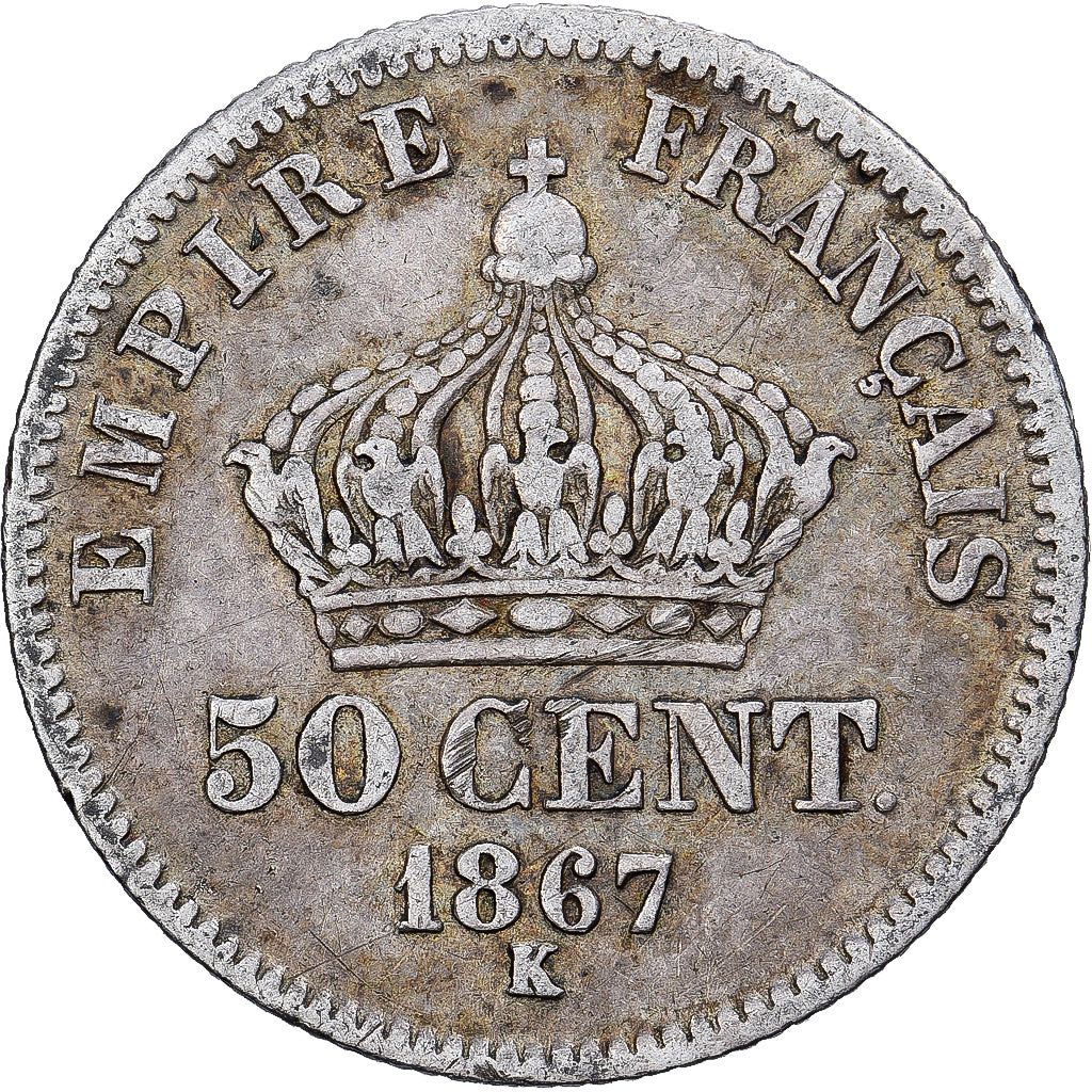 Francia, Napoleon III, 50 Centimes, 1867, Bordeaux, Plata, BC+, Gadoury:417, Le