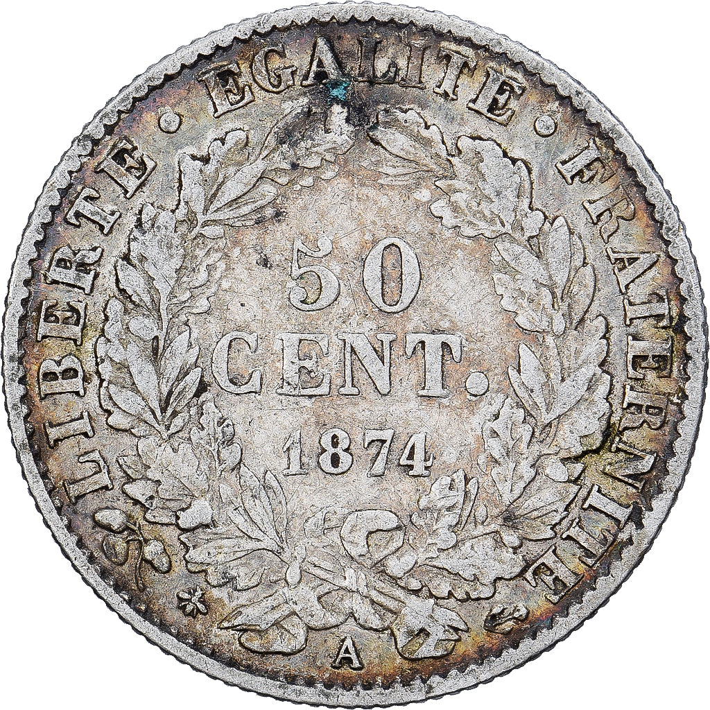 France, 50 Centimes, Cérès, 1874, Paris, Silver, EF(40-45), Gadoury:419a