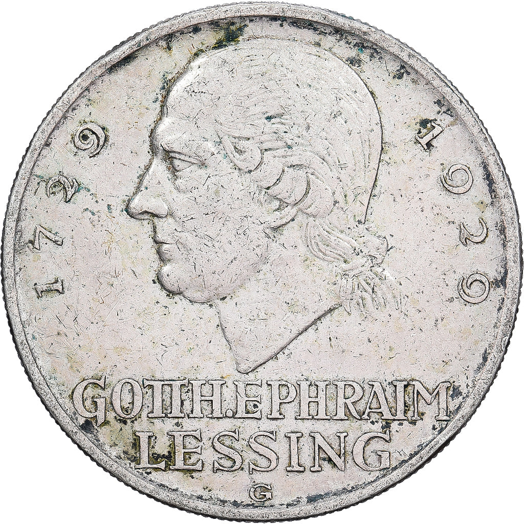 ALEMANHA, REPÚBLICA DE WEIMAR, 5 Mark, Lessing, 1929, Karlsruhe, Prata