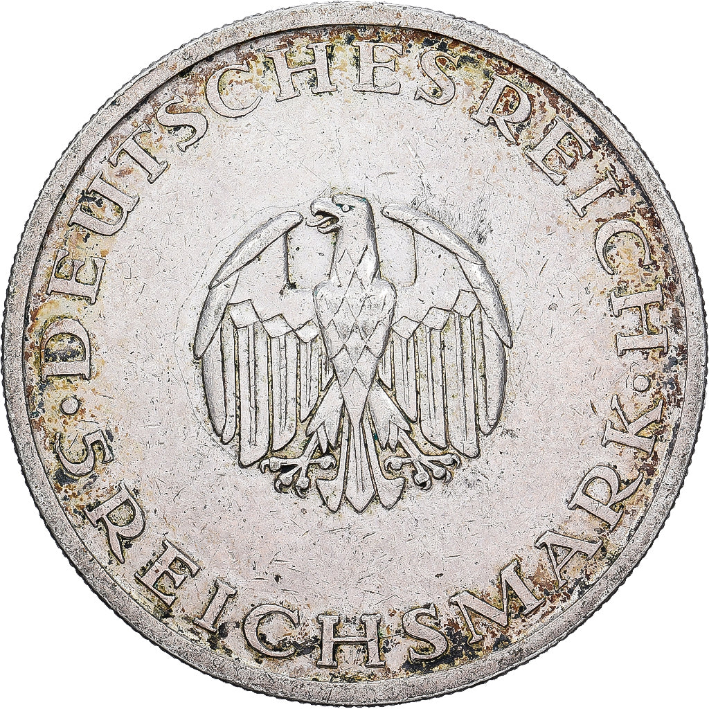 ALEMANHA, REPÚBLICA DE WEIMAR, 5 Mark, Lessing, 1929, Karlsruhe, Prata