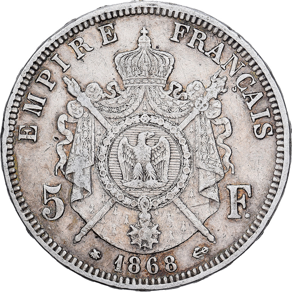 França, Napoleon III, 5 Francs, 1868, Paris, Prata, EF(40-45), Gadoury:739