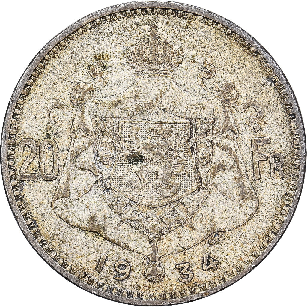 Belgio, 20 Francs, 20 Frank, 1934, Argento, MB, KM:103.1