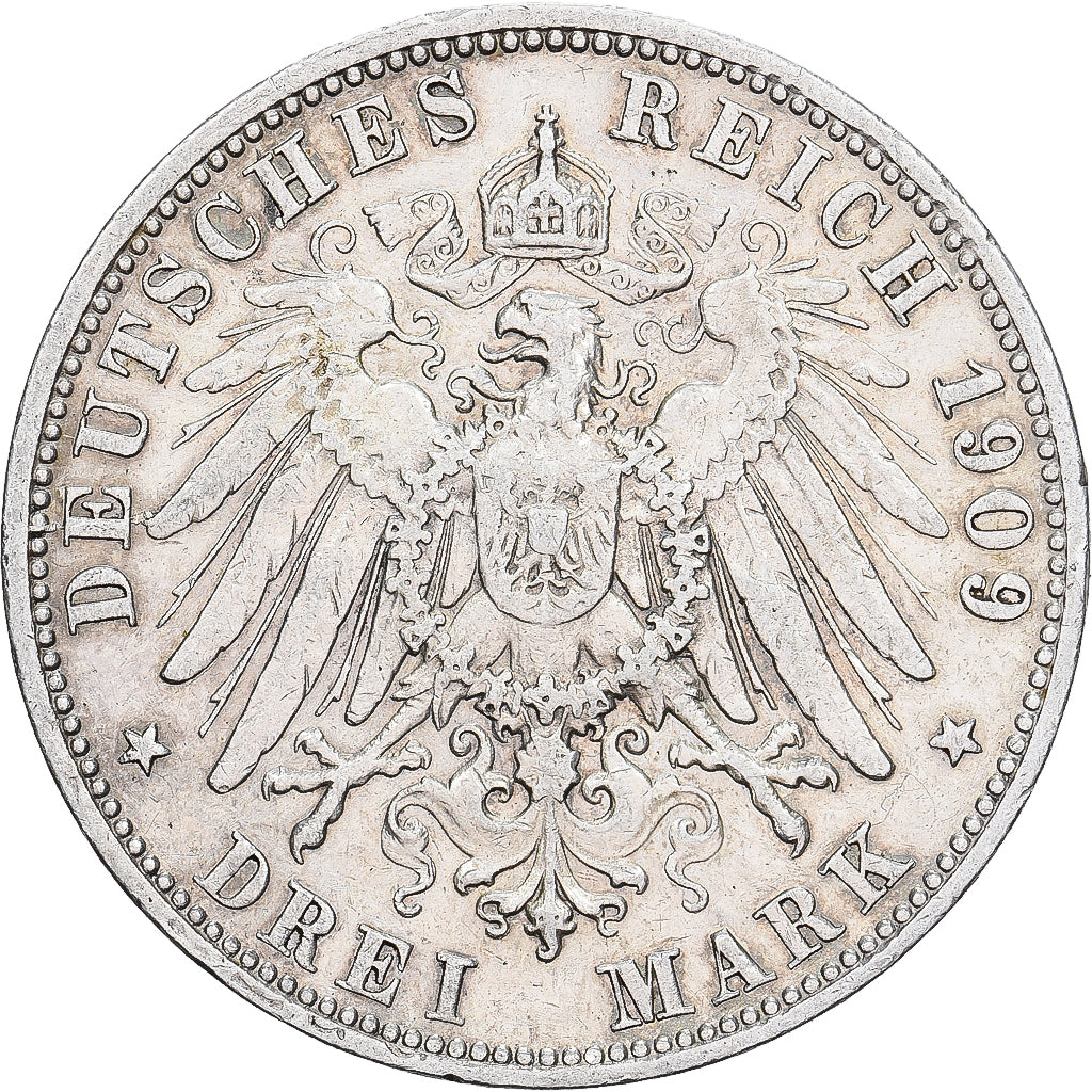 German States, WURTTEMBERG, Wilhelm II, 3 Mark, 1909, Stuttgart, Silver