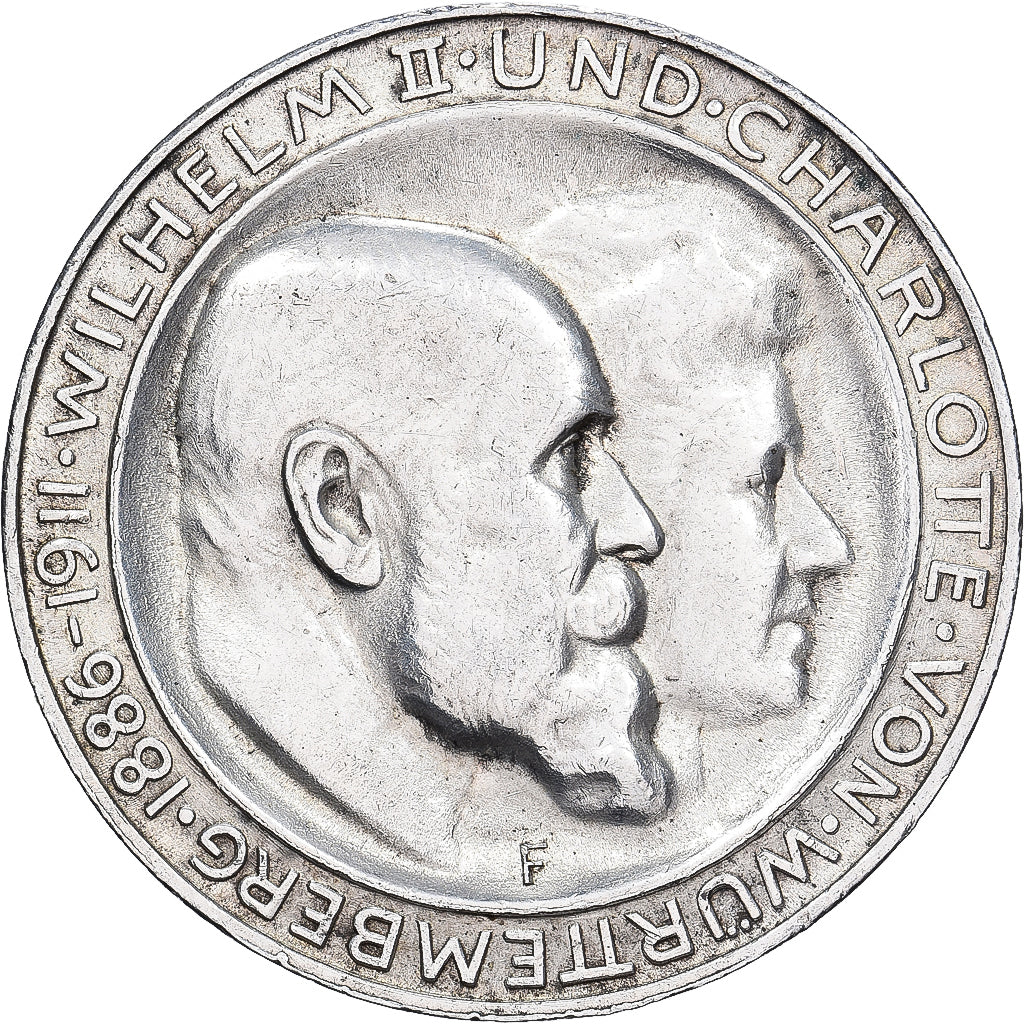 Estados Alemães, WURTTEMBERG, Wilhelm II, 3 Mark, 1911, Freudenstadt, Prata