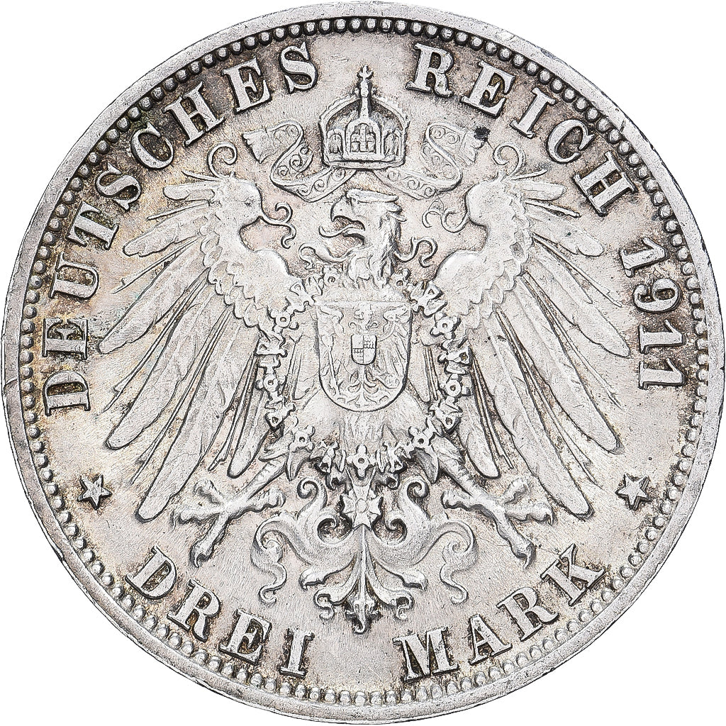 Estados Alemães, WURTTEMBERG, Wilhelm II, 3 Mark, 1911, Freudenstadt, Prata