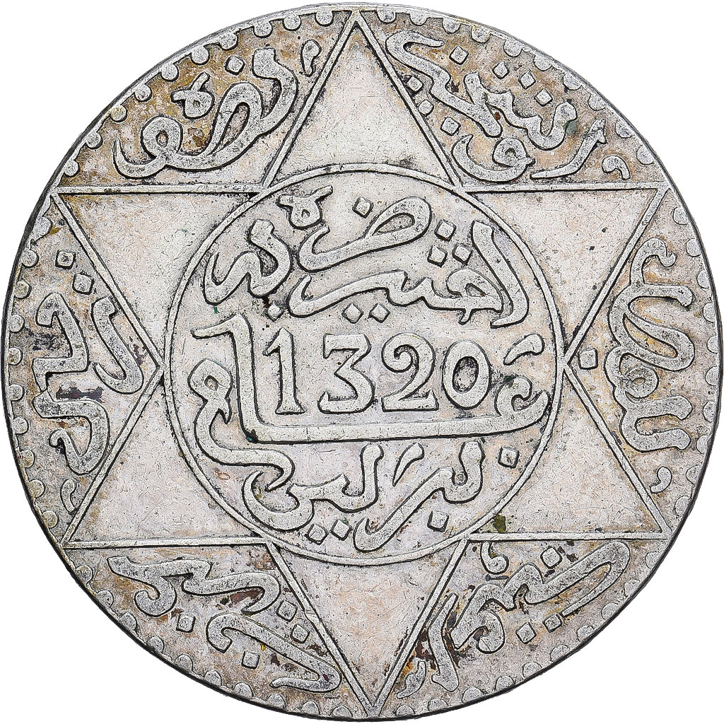 Marrocos, Abdelaziz, 5 Dirhams, AH 1320 (1903), Berlin, Prata, EF(40-45)