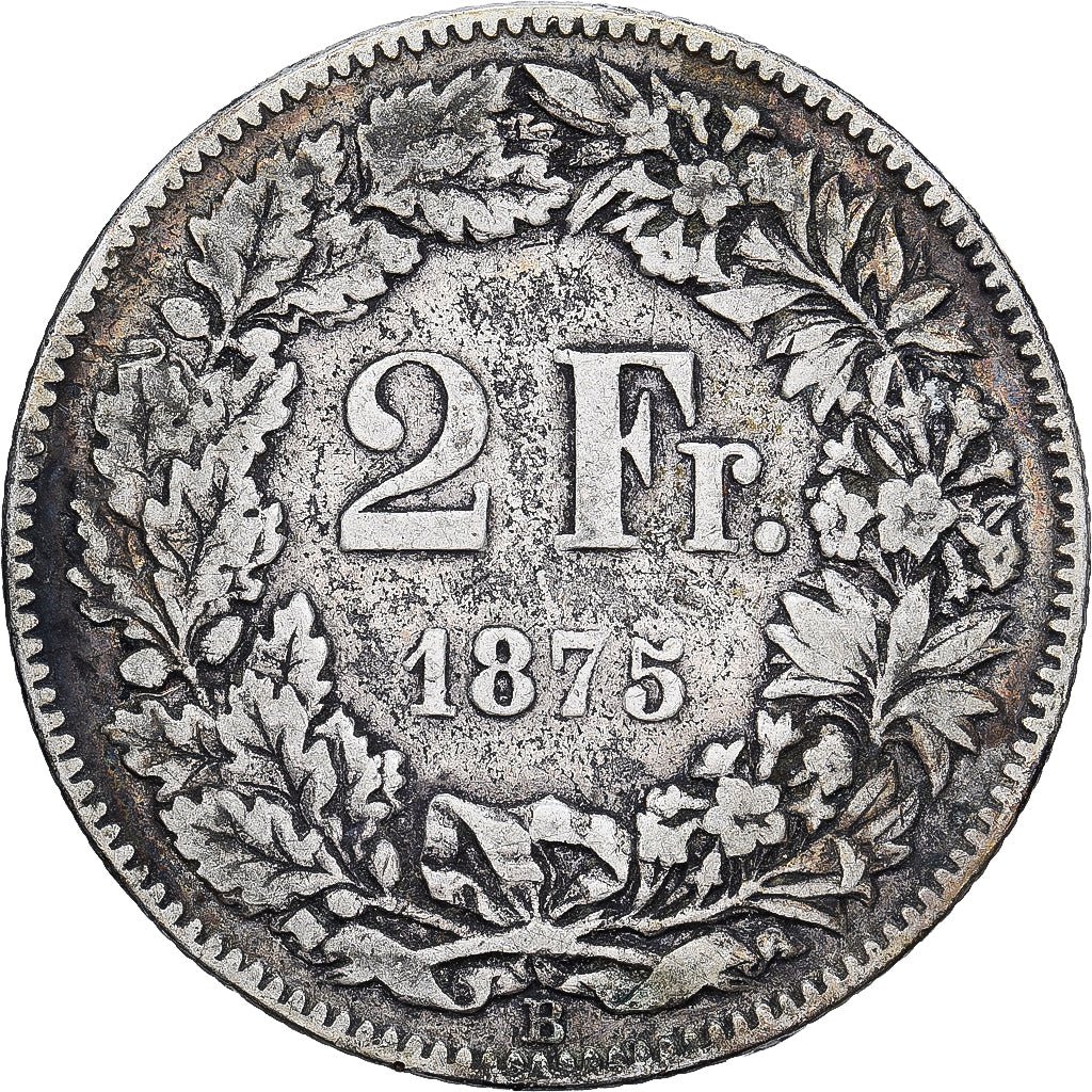 Suiza, 2 Francs, 1875, Bern, Plata, BC+, KM:21