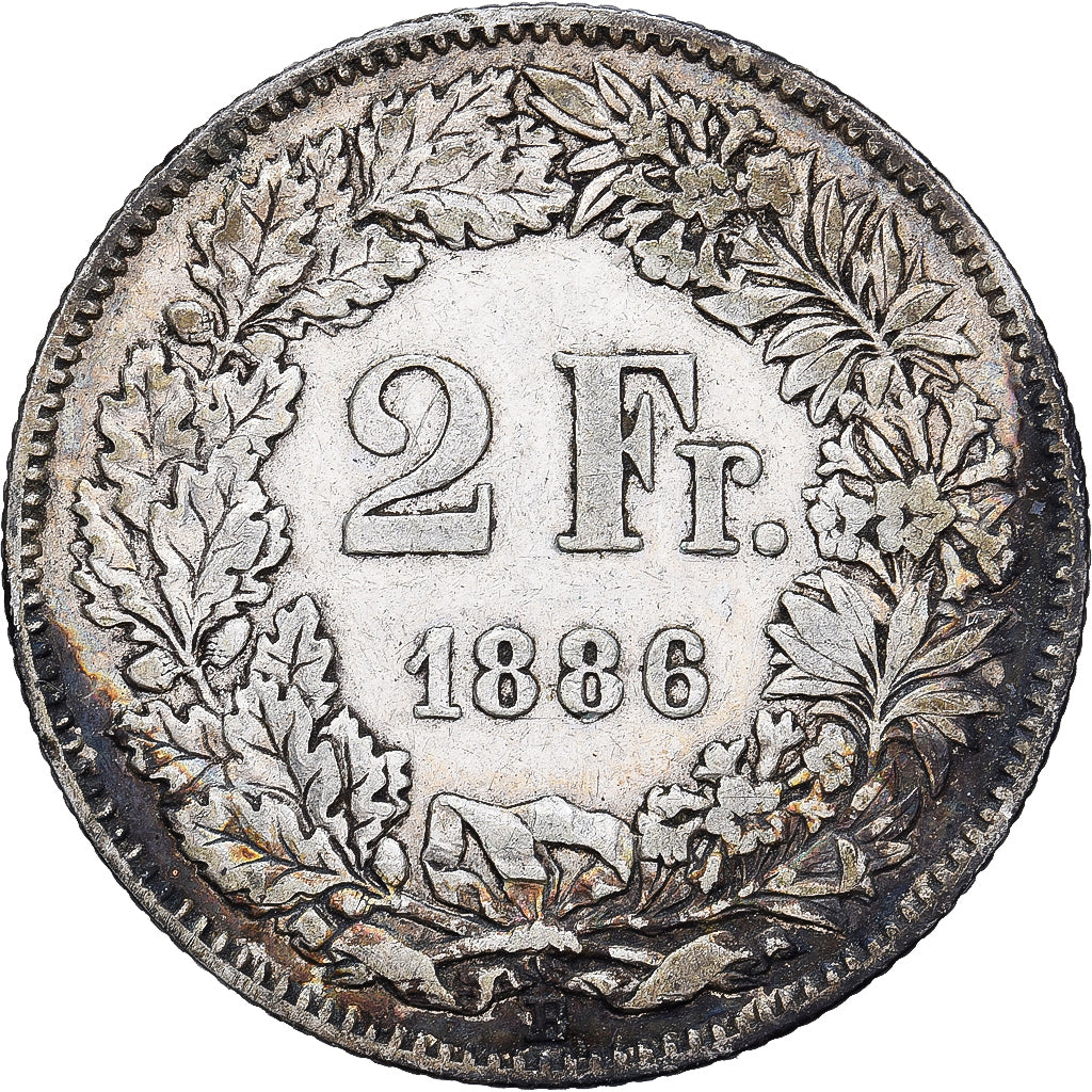 Suiza, 2 Francs, 1886, Bern, Plata, BC+, KM:21
