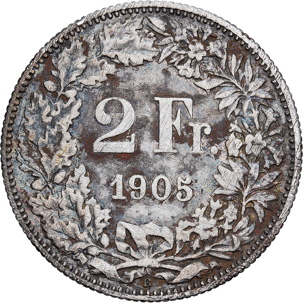 Suiza, 2 Francs, 1905, Bern, Plata, BC+, KM:21