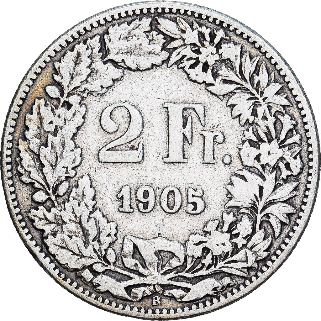 Suiza, 2 Francs, 1905, Bern, Plata, BC+, KM:21