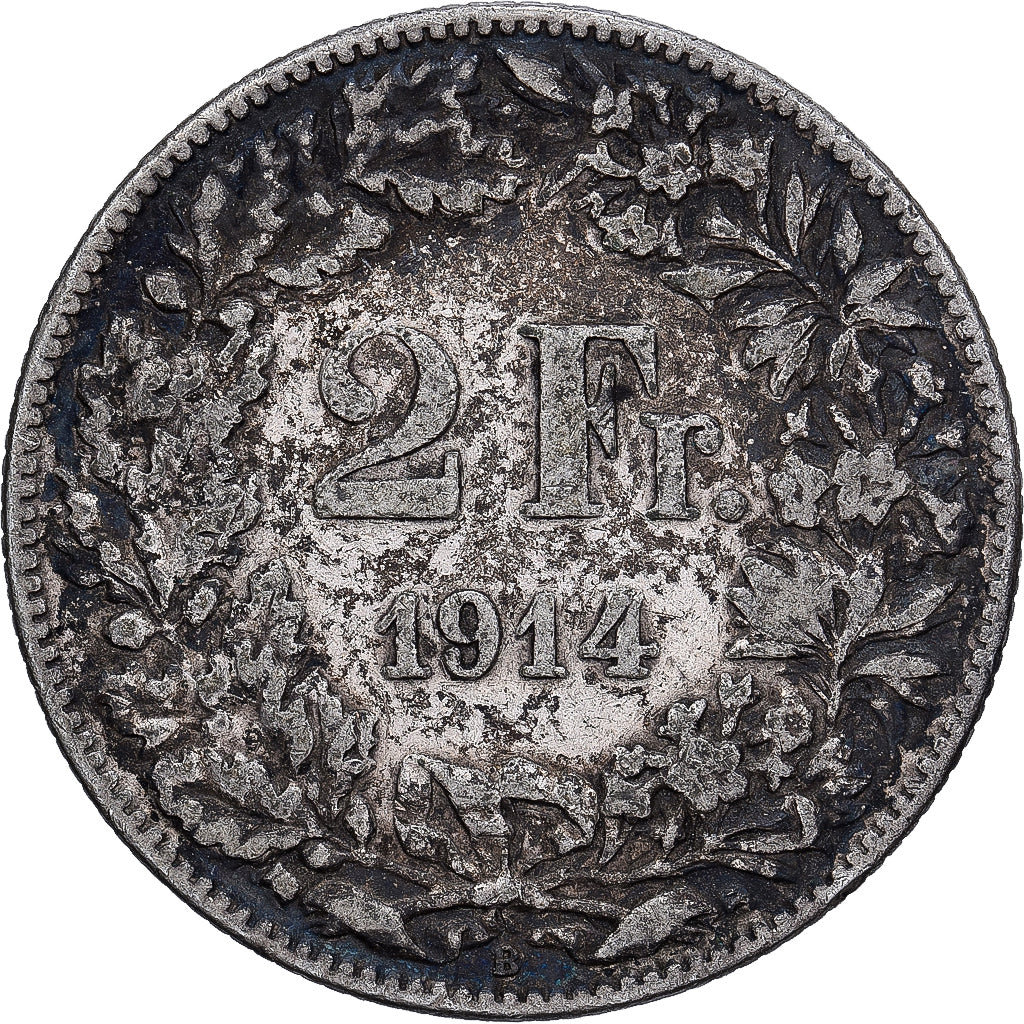Suiza, 2 Francs, 1914, Bern, Plata, BC+, KM:21