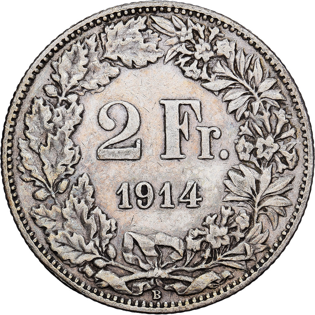 Suiza, 2 Francs, 1914, Bern, Plata, MBC, KM:21