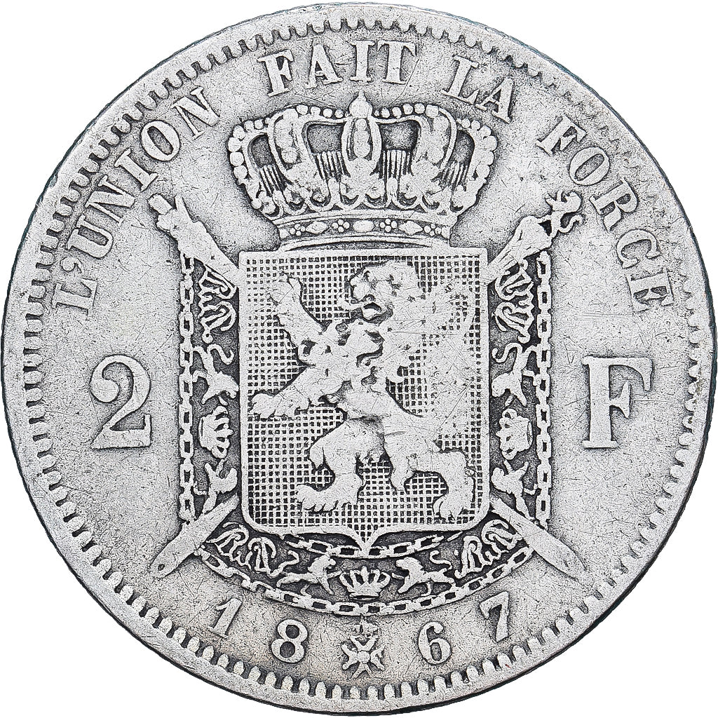 Bélgica, Leopold II, 2 Francs, 1867, Brussels, Prata, VF(20-25), KM:30.1