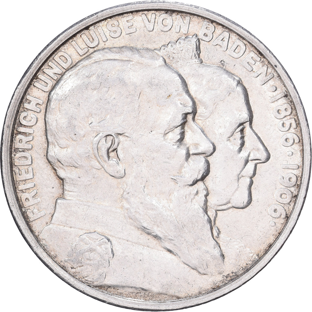 German States, BADEN, Friedrich I, 5 Mark, 1906, Karlsruhe, Silver, AU(55-58)