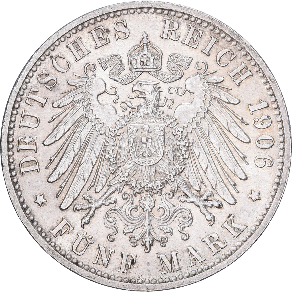 German States, BADEN, Friedrich I, 5 Mark, 1906, Karlsruhe, Silver, AU(55-58)