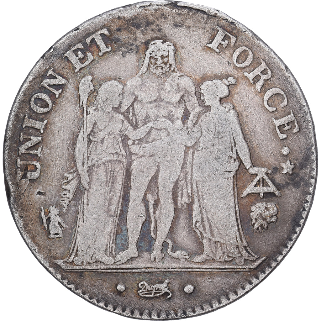Francia, 5 Francs, Union et Force, AN 8, Bayonne, Plata, BC+, Gadoury:563a