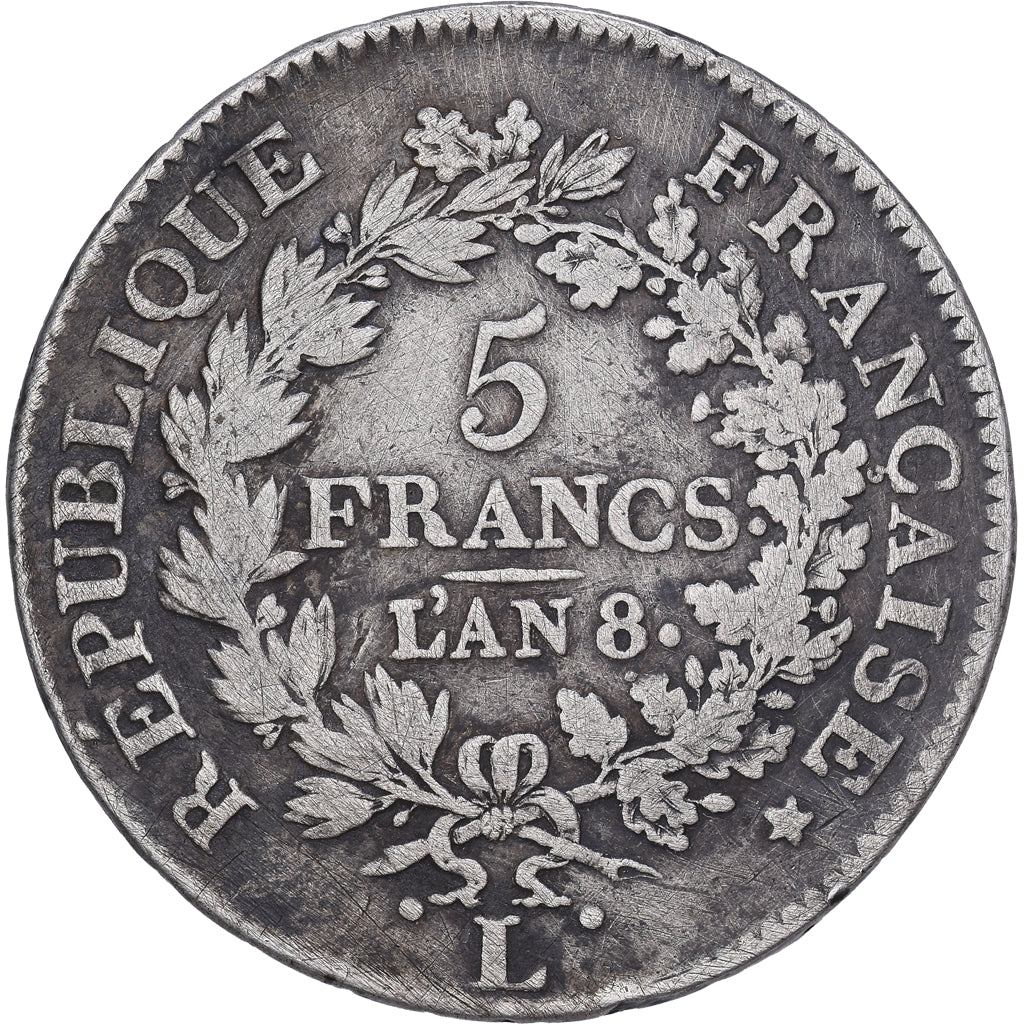 Francia, 5 Francs, Union et Force, AN 8, Bayonne, Plata, BC+, Gadoury:563a