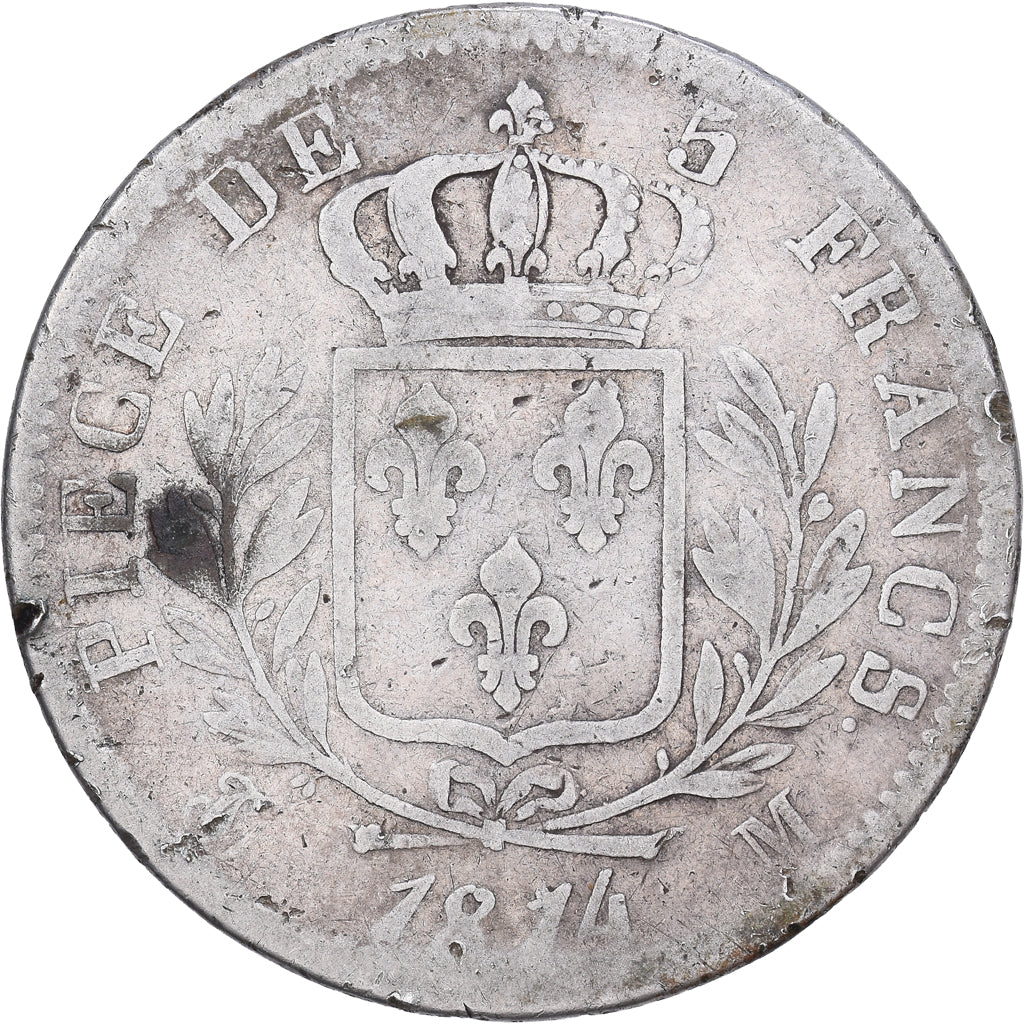 Francia, Louis XVIII, 5 Francs, Louis XVIII, 1814, Toulouse, Plata, BC