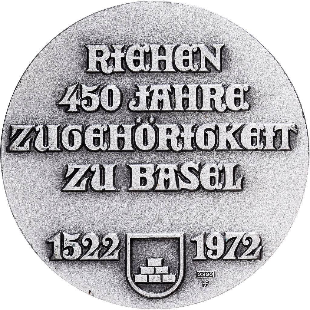 Suiza, medalla, 450 ans de l'intégration de Riehen à Bâle, 1972, Plata, SC+
