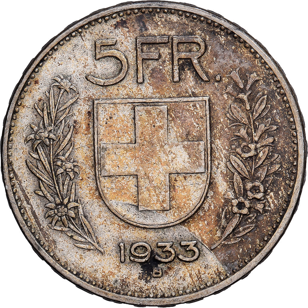 Suiza, 5 Francs, 1933, Bern, Plata, BC+, KM:40