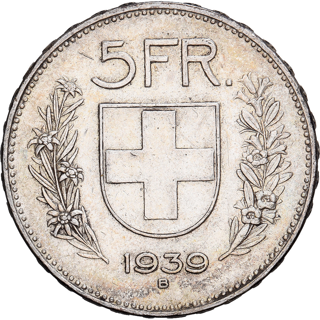 Suiza, 5 Francs, 1939, Bern, Plata, MBC+, KM:40