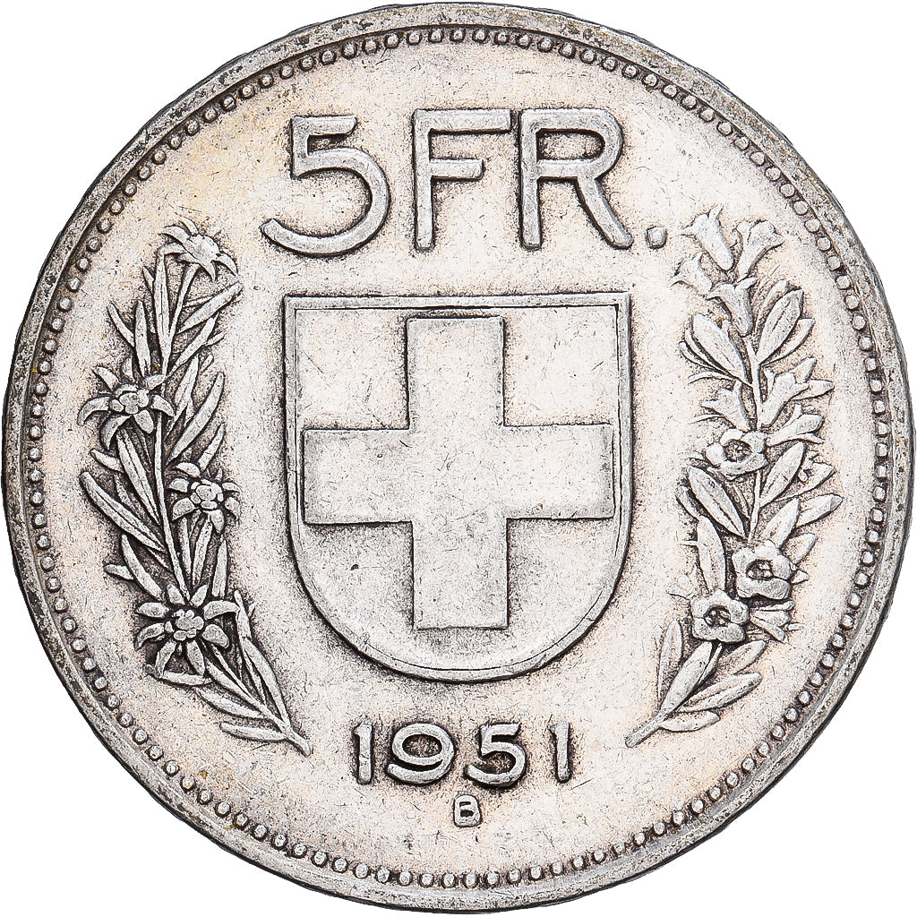 Suiza, 5 Francs, 1951, Bern, Plata, MBC, KM:40