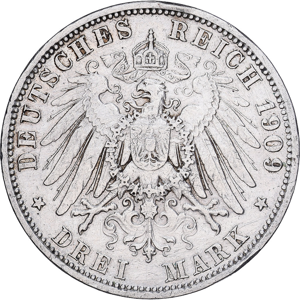 Estados alemanes, PRUSSIA, Wilhelm II, 3 Mark, 1909, Berlin, Plata, MBC, KM:527
