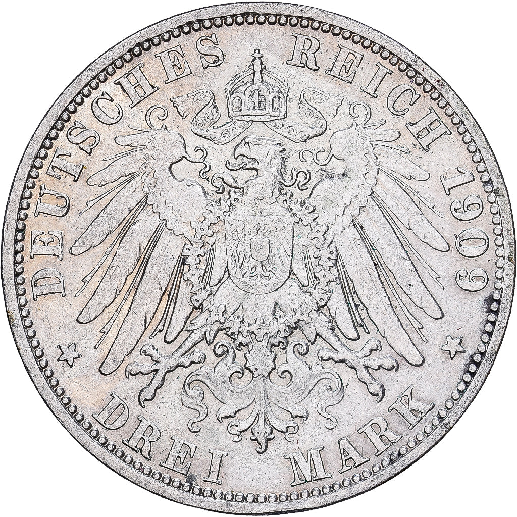 Estados alemanes, PRUSSIA, Wilhelm II, 3 Mark, 1909, Berlin, Plata, MBC, KM:527