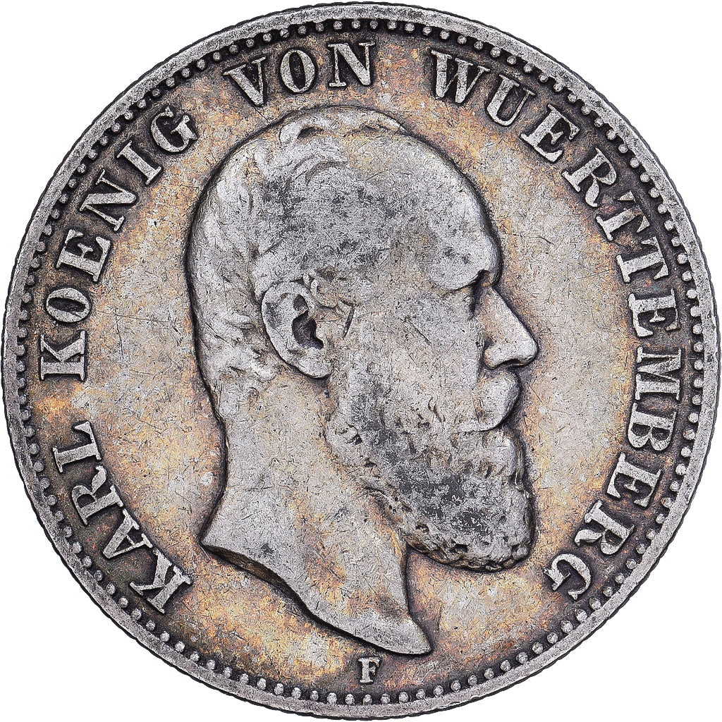 German States, WURTTEMBERG, Karl I, 2 Mark, 1876, Freudenstadt, Silver