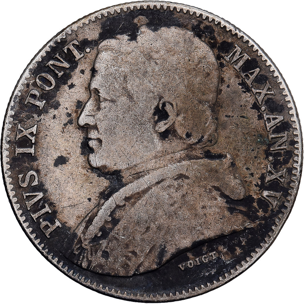 Italian States, PAPAL STATES, Pius IX, 20 Baiocchi, 1860, Silver, F(12-15)