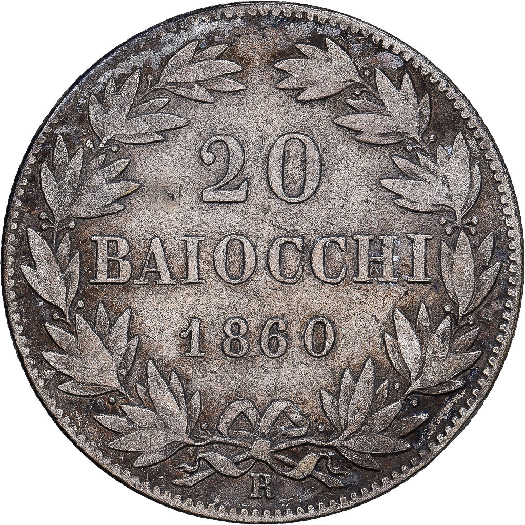 Italian States, PAPAL STATES, Pius IX, 20 Baiocchi, 1860, Silver, F(12-15)
