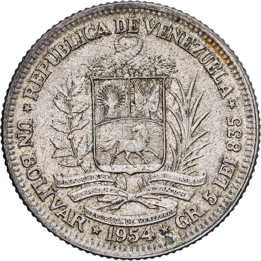 Venezuela, Bolivar, 1954, Philadelphia, Plata, BC+, KM:37