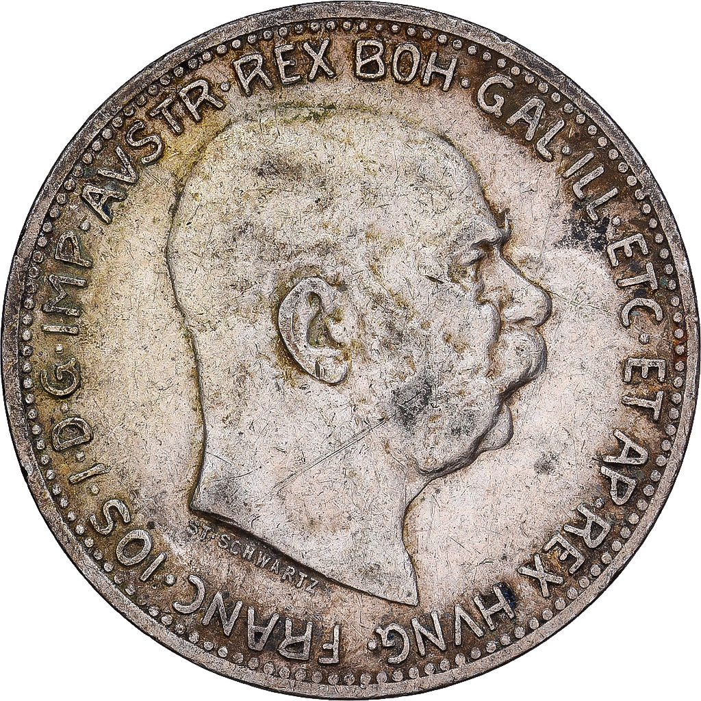 Hungría, Franz Joseph I, Korona, 1913, Kormoczbanya, Plata, BC+, KM:492