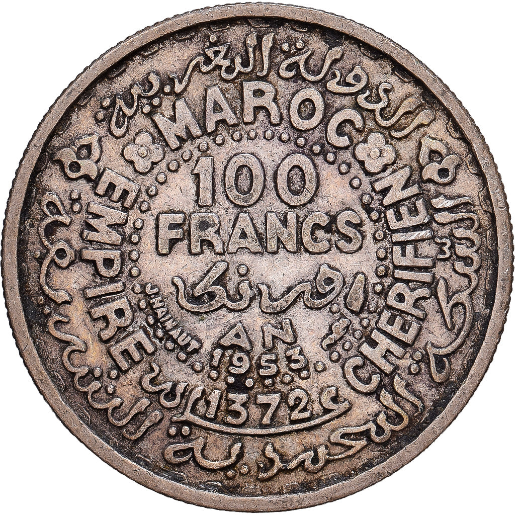 Morocco, Mohammed V, 100 Francs, 1953, Paris, Silver, EF(40-45), KM:52