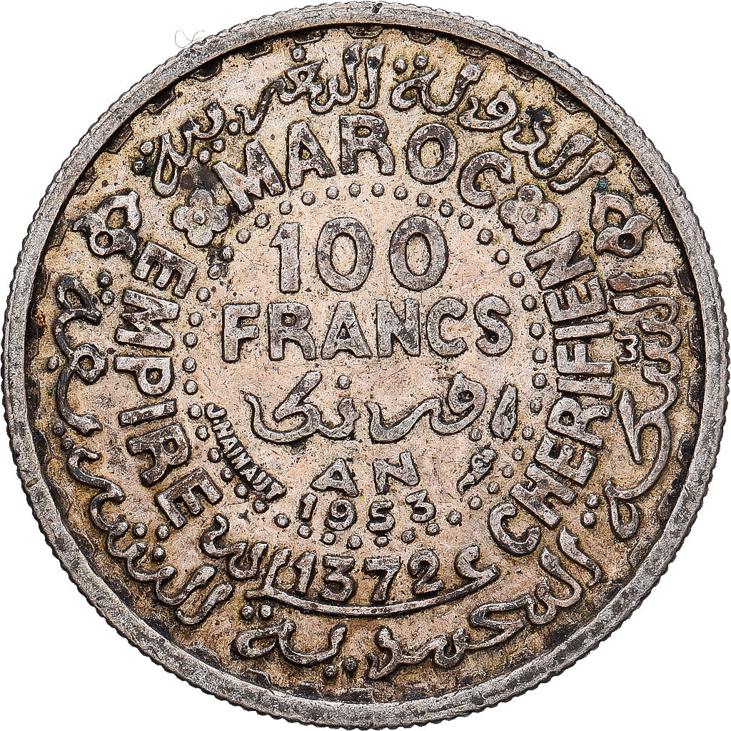 Morocco, Mohammed V, 100 Francs, 1953, Paris, Silver, EF(40-45), KM:52