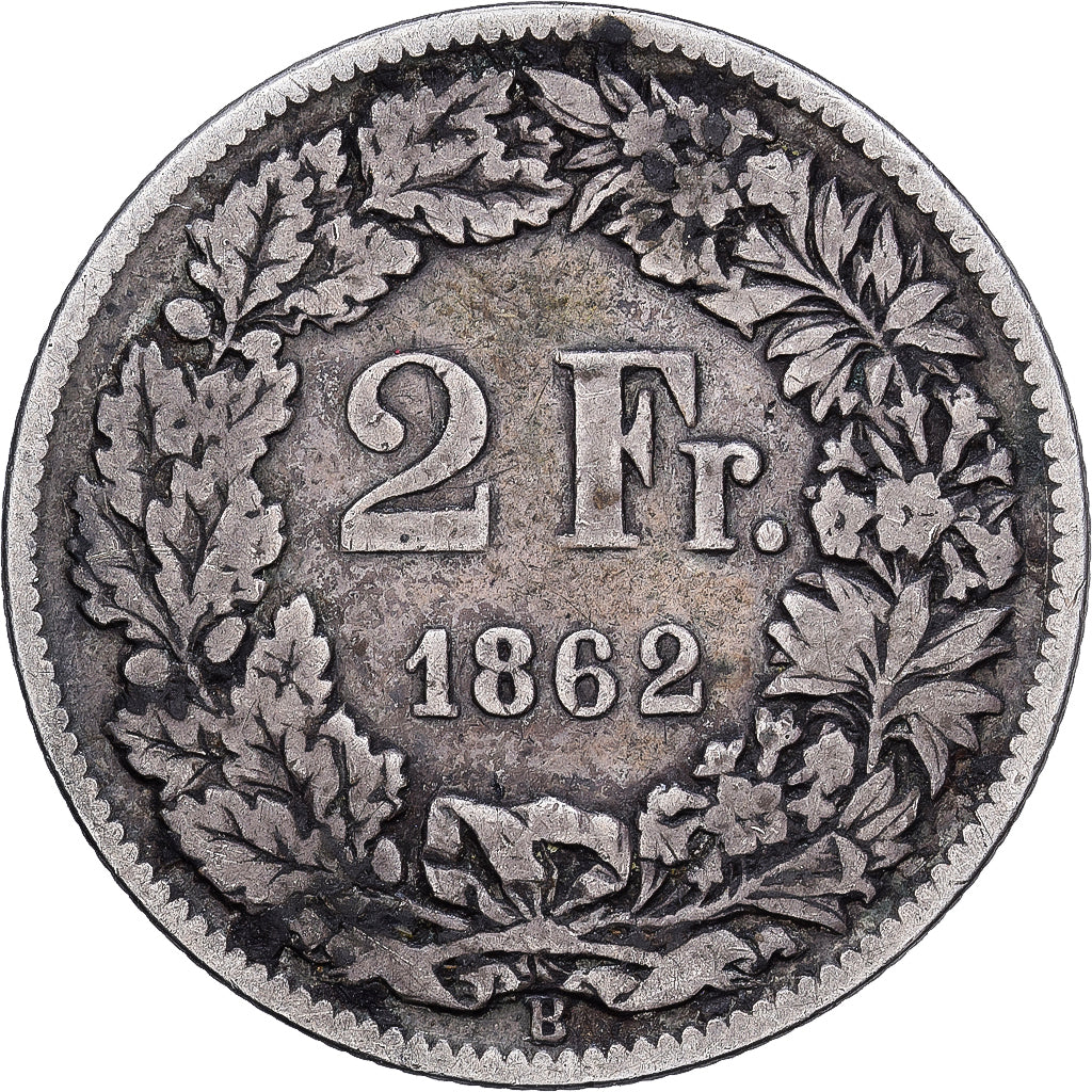 Switzerland, 2 Francs, 1862, Bern, Silver, VF(20-25), KM:10a