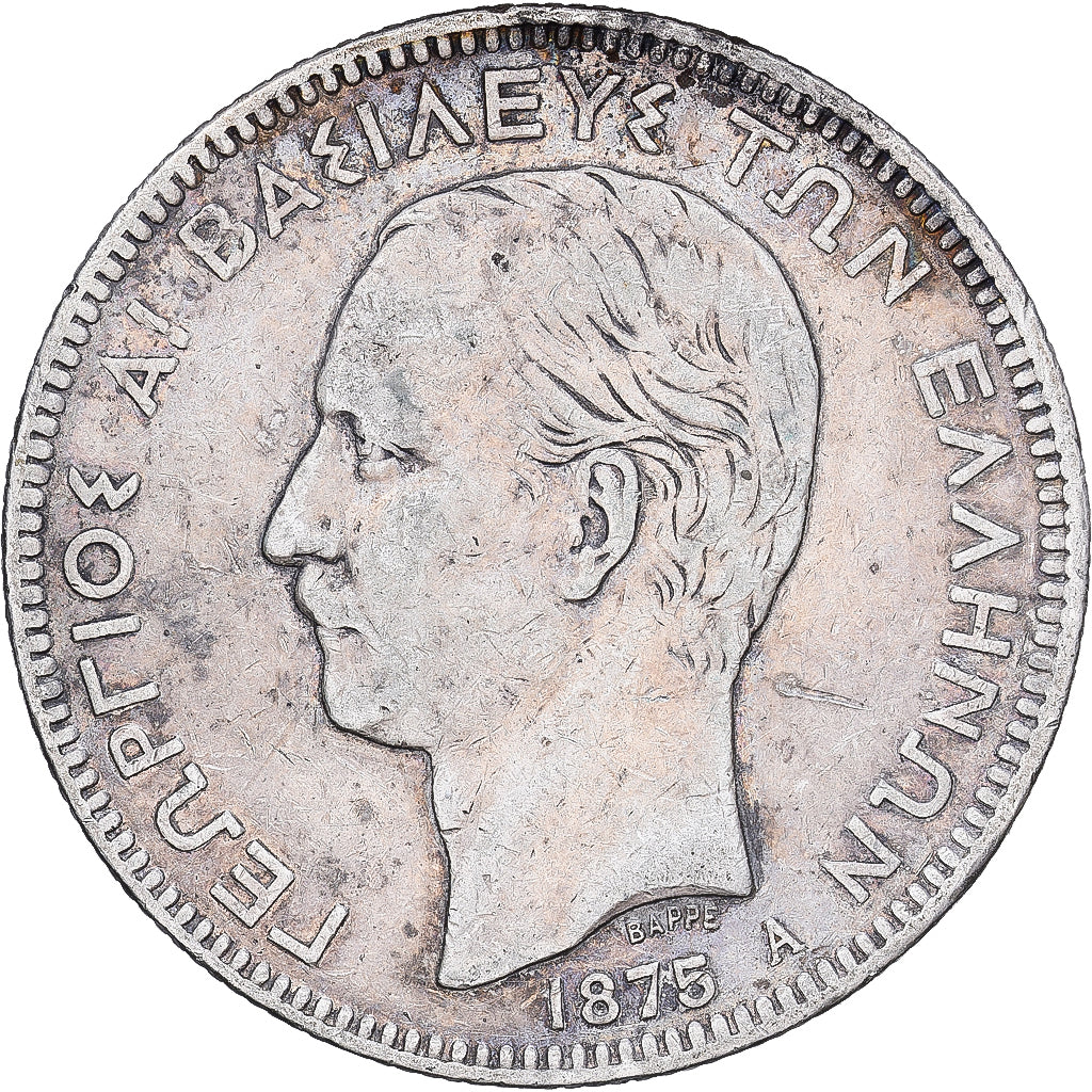 Greece, George I, 5 Drachmai, 1875, Paris, Silver, VF(30-35), KM:46