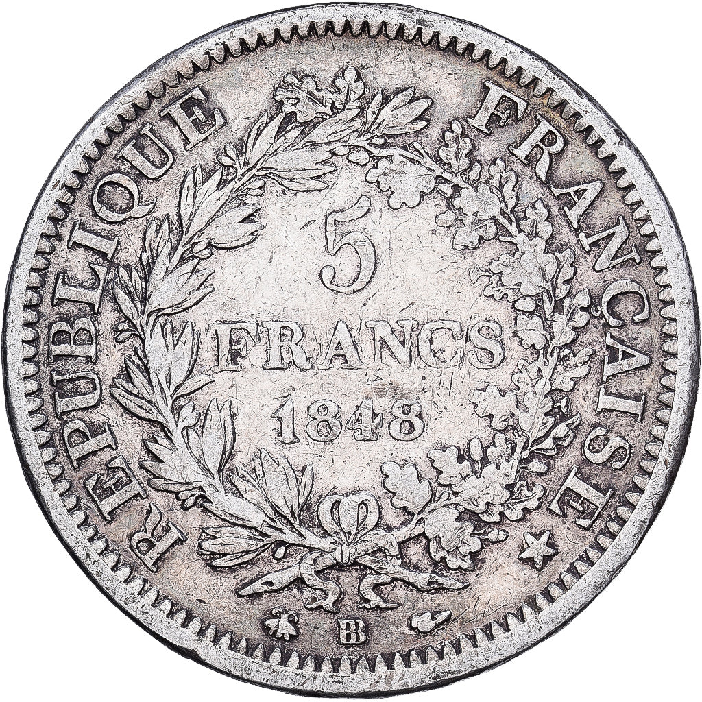 Francia, 5 Francs, Hercule, 1848, Strasbourg, Plata, BC+, Gadoury:683, KM:756.2