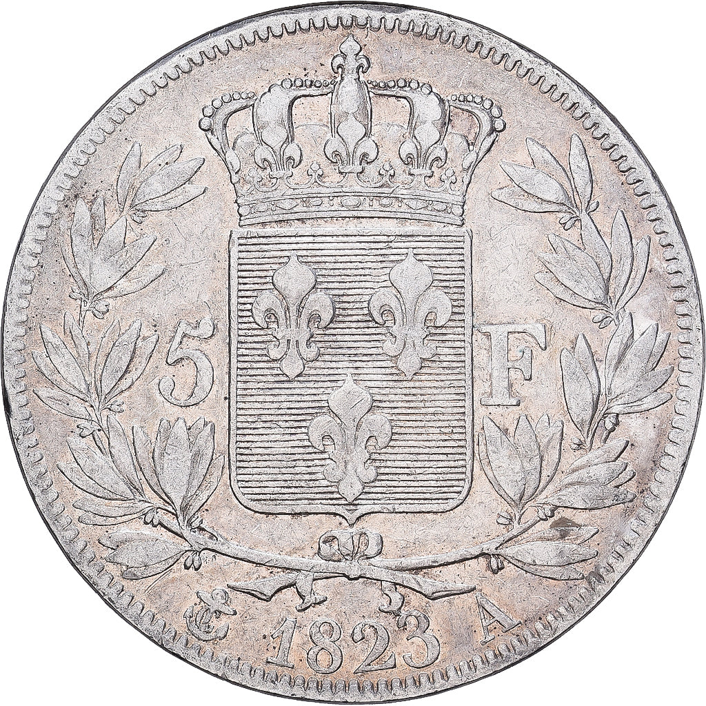 France,Louis XVIII,5 Francs,1823, Paris, VF(30-35),Silver,KM 711.1,Gadoury 614