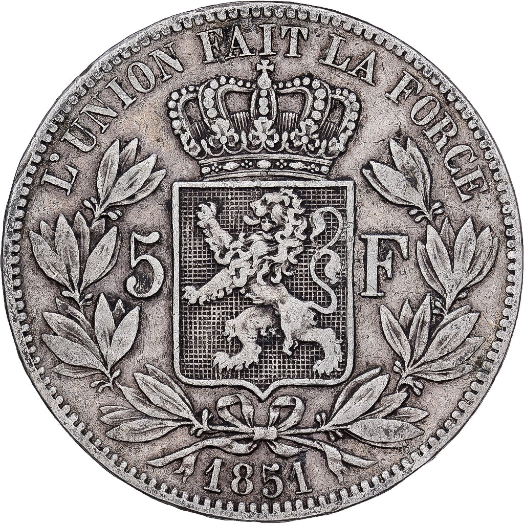 Bélgica, Leopold I, 5 Francs, 5 Frank, 1851, Plata, BC+, KM:17